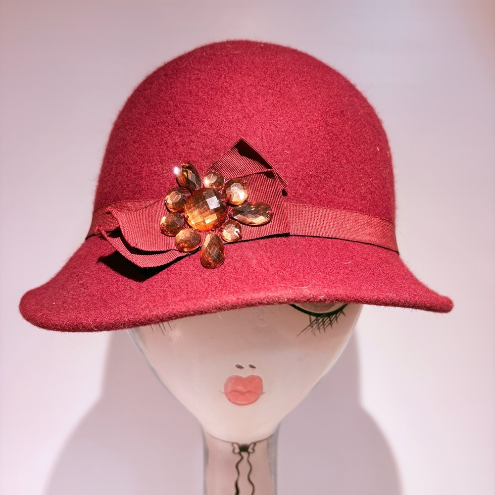 Nine West Deep Red Cloche Hat with Jewel Detail, 100% Wool